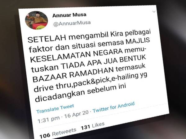 Ciapan di Twitter Annuar berkenaan perkembangan bazar Ramadan.