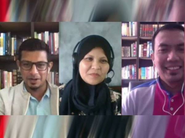 Dari kiri: Azlan Shah, Dr Putri Afzan Maria dan Izhar Ariff ketika program Wacana Siri ke-166 bertajuk ‘Adakah ‘New Normal’ akan merubah Malaysia? yang disiarkan secara langsung di Facebook Sinar Harian hari ini.