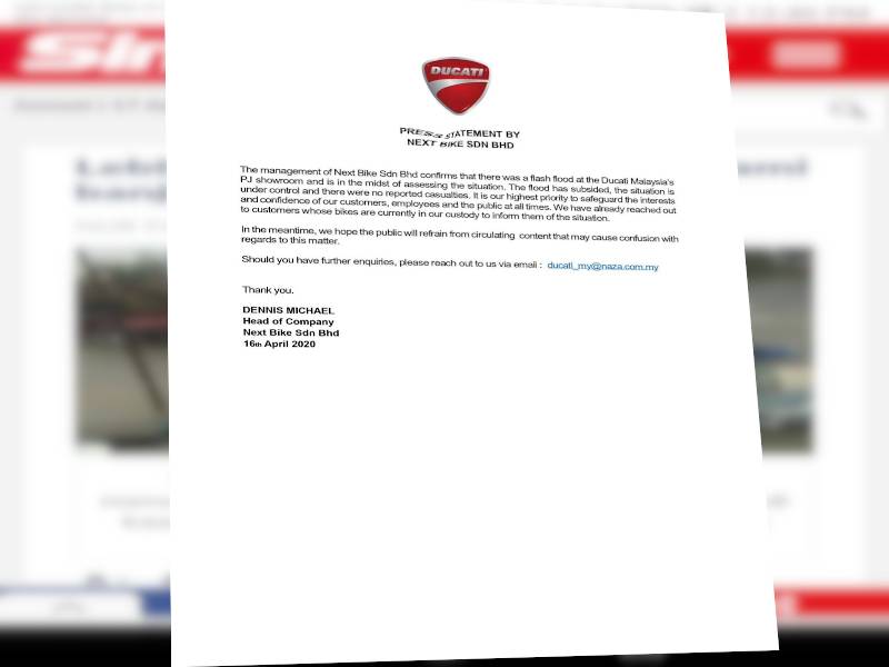 Kenyataan akhbar dikeluarkan Next Bike Sdn Bhd berhubung kejadian banjir kilat di ruang pameran Ducati Malaysia PJ semalam.