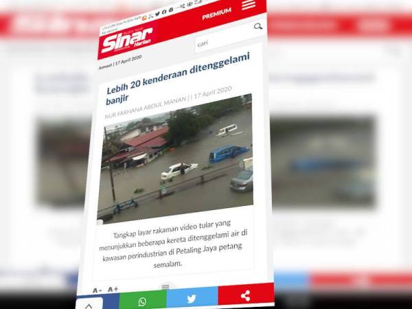 Hujan lebat di sekitar Kelana Jaya dan Sea Park petang semalam menyebabkan lebih 20 kenderaan yang diletakkan di tepi Jalan 51A, Seksyen 51A berhampiran Lebuhraya Persekutuan di sini ditenggelami air.