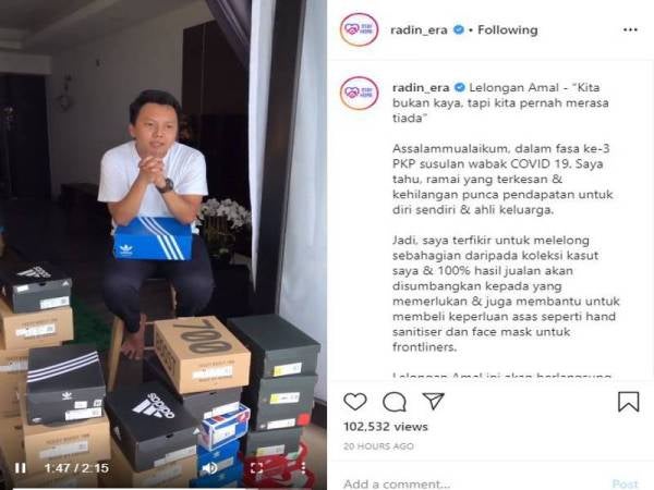 Radin mengumumkan untuk mengadakan lelongan amal di Instagram miliknya.