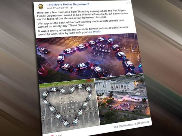Bentuk 'love' dari kereta peronda polis menghargai petugas perubatan - Facebook Polis Fort Myers