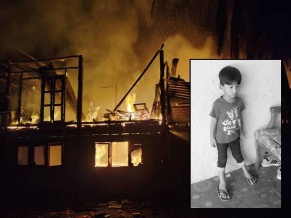 Keadaan rumah dua tingkat separuh kekal yang dihuni 18 sekeluarga yang terbakar dalam kejadian di Kampung Bukit Pasir, Endau, Mersing, Johor malam tadi.Gambar kecil: Muhammad Faiz Fikri