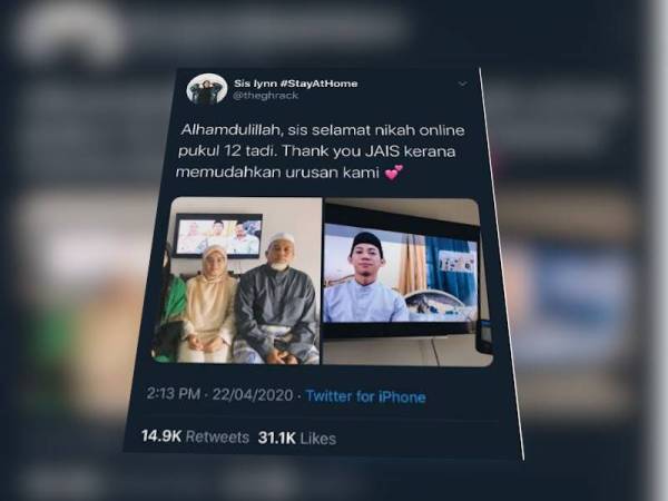 Sis Iynnn berkongsi pengalaman indahnya bergelar isteri selepas dinikahkan melalui sidang video di laman Twitternya.