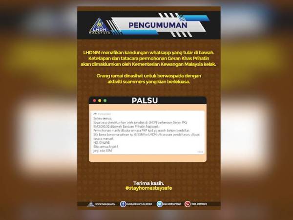 LHDNM menafikan kandungan WhatsApp yang tular berkaitan Geran Khas Prihatin.