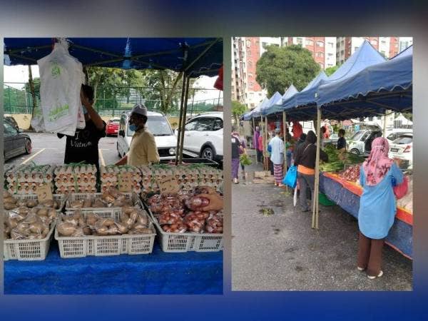 Stok telur dijual kepada penduduk. (Kanan: Pematuhan penjarakkan sosial oleh penduduk yang membeli keeprluan bahan mentah dalam kawasan PKPD.)