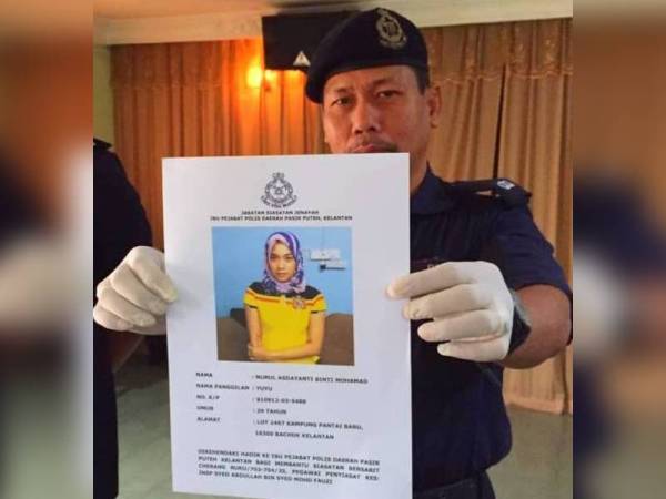 Polis cuba mengesan seorang wanita Nurul Asdayanti Mohamad, 29, dari Kampung Pantai Baru, Bachok bagi membantu siasatan berhubung kes tersebut.