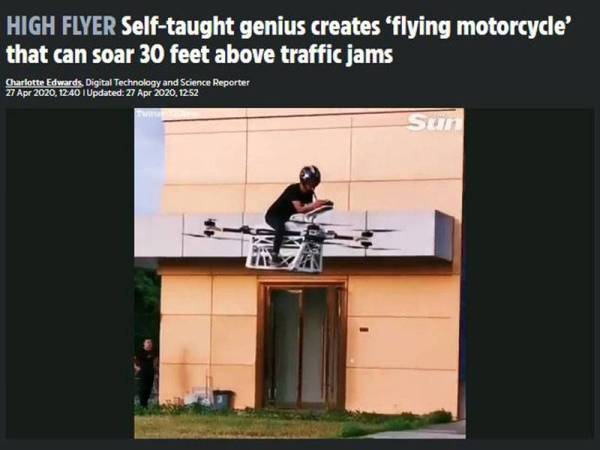 Zhao bersama motosikal terbang ciptaannya. Kredit foto The Sun