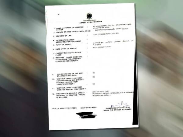Borang penahanan oleh Polis Tamil Nadu, India yang dipercayai membabitkan Nik Mohd Azimin Mohamed Nor, 40.