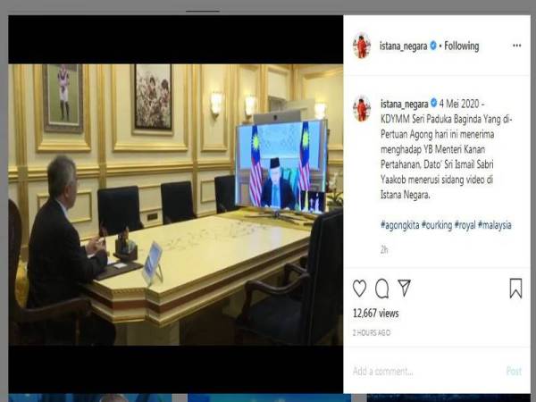 Yang di-Pertuan Agong, Al-Sultan Abdullah Ri'ayatuddin Al-Mustafa Billah Shah hari ini menerima menghadap Menteri (Kluster Keselamatan), Datuk Seri Ismail Sabri Yaakob menerusi sidang video di Istana Negara. - Sumber Instagram Istana Negara