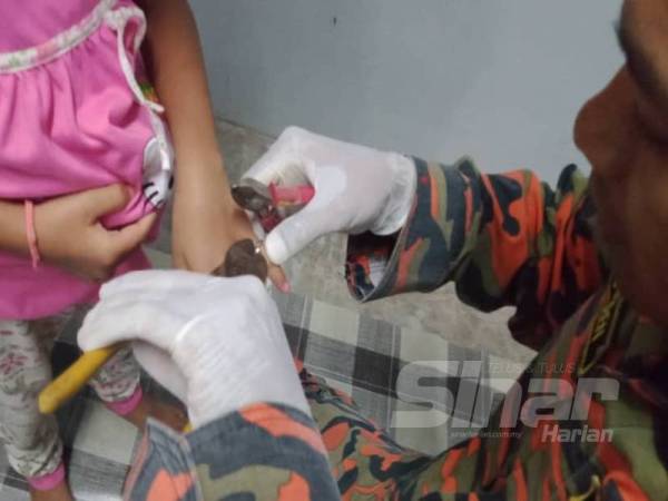 Jari Siti Nor Balqis yang tersepit cincin dibantu Pasukan Bomba dan Penyelamat. 