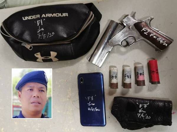 Pistol tanpa jenama dan peluru penabur ditemui dalam beg pinggang yang dipakai suspek. Foto: ihsan PDRM, gambar kecil: Zulkepli