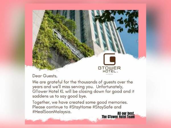 Hotel GTower membuat pengumuman penutupan hotel itu di akaun Facebook miliknya.