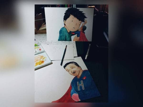 Ilustrasi watak Afiq dan Super Dr H yang dihasilkan Mohd Khairul Azman.