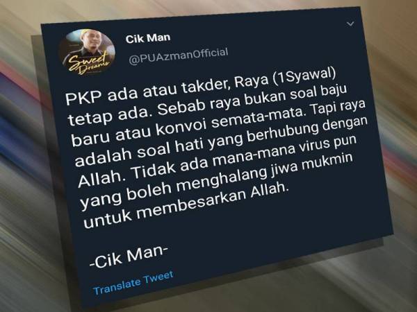 Paparan Twitter PU Azman tular dI laman sosial.