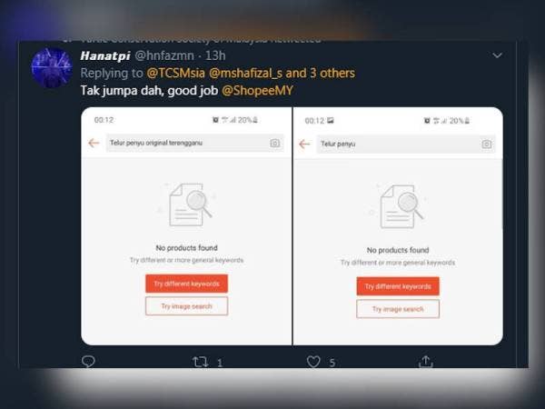 Paparan Twitter Turtle Conservation Society of Malaysia @TCSMsia maklum penjualan telur penyu di Shopee.