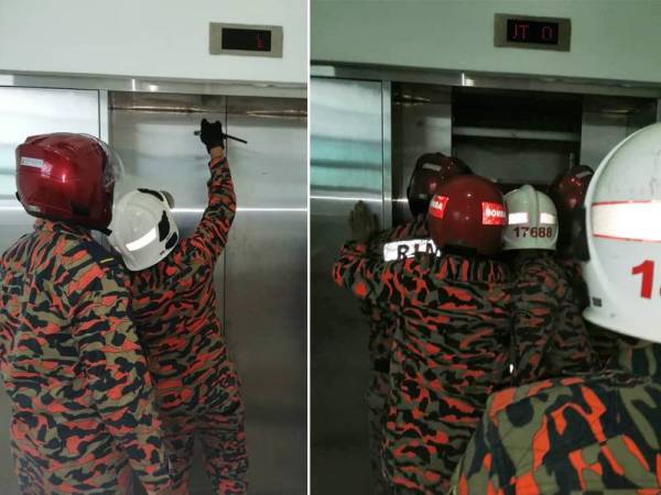 Anggota bomba menggunakan kunci lif bagi menyelamatkan dua mangsa yang terperangkap dalam lif. - Foto ihsan bomba