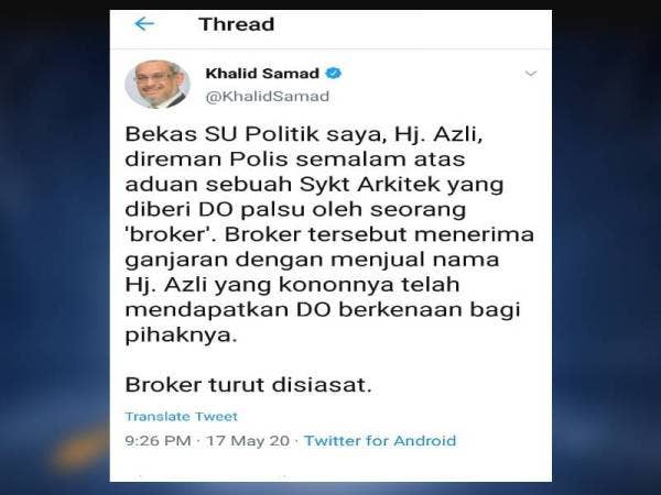 Kenyataan yang dimuatnaik di Twitter Khalid Samad.