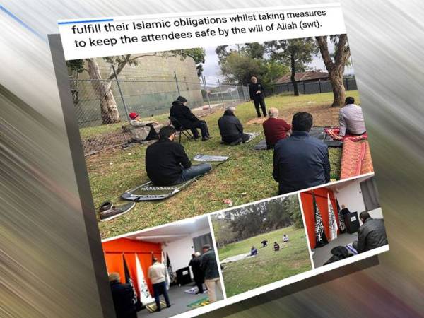 Paparan Facebook HT Australia menunjukkan penganut beragama Islam sedang menunaikan solat Jumaat di padang dengan kekalkan jarak sosial.