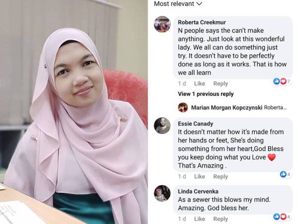 Kata positif yang ditinggalkan warganet mengenai perkongsian video menjahit Norfarrah Syahirah di laman Facebook Fox 32 Chicago.