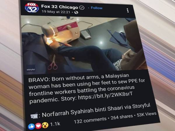 Facebook Fox 32 Chicago berkongsi rakaman video Norfarrah Syahirah menjahit PPE menggunakan kaki.