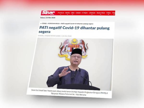 Keratan berita PATI negatif Covid-19 dihantar pulang segera.
