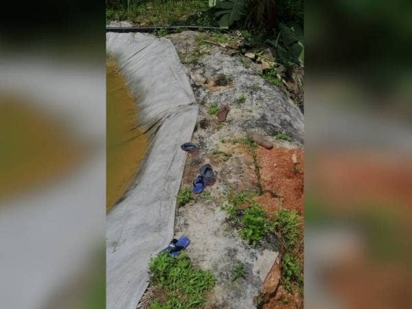 Selipar dua beradik berkenaan ditemui berhampiran kolam ikan.