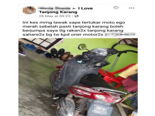 Seorang pengendali Facebook memuat naik status berhubung kejadian dua motosikal jenis Yamaha Ego tertukar antara satu sama lain di sebuah bengkel motosikal di Pekan Tanjong Karang.