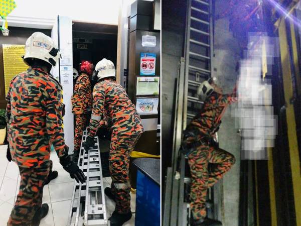 Anggota bomba memberi bantuan kepada mangsa yang tersepit di atas lif di sebuah hospital di Johor Bahru.