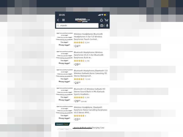 Tangkap layar senarai produk yang menggunakan gambar mengandungi mesej perkauman di laman web e-dagang, Amazon United Kingdom menjadi tular di Twitter sejak malam tadi.
