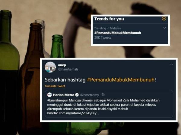 #PemanduMabukMembunuh di Twitter sehingga mencecah 30,000 ciapan. (Paparan Twitter Anep tular di laman sosial.)