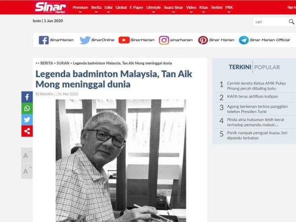 Laporan Sinar Harian berkaitan pemergian mendiang Tan Aik Mong semalam.