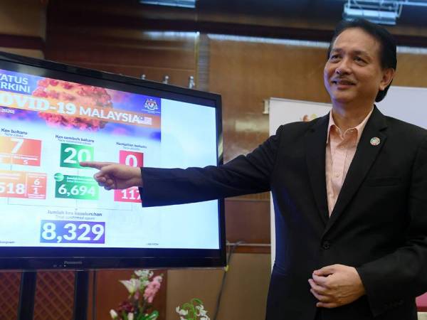 Dr Noor Hisham menunjukkan hanya tujuh kes baharu Covid-19 dan merupakan angka yang terendah pernah dicatatkan setakat ini pada sidang media harian perkembangan terkini di Kementerian Kesihatan hari ini. - Foto Bernama