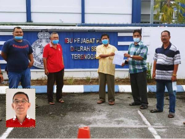 Mohd Yusop (empat dari kanan) dan ahli Bersatu Bahagian Setiu membuat laporan polis pagi tadi. Gambar kecil: Rosol Wahid