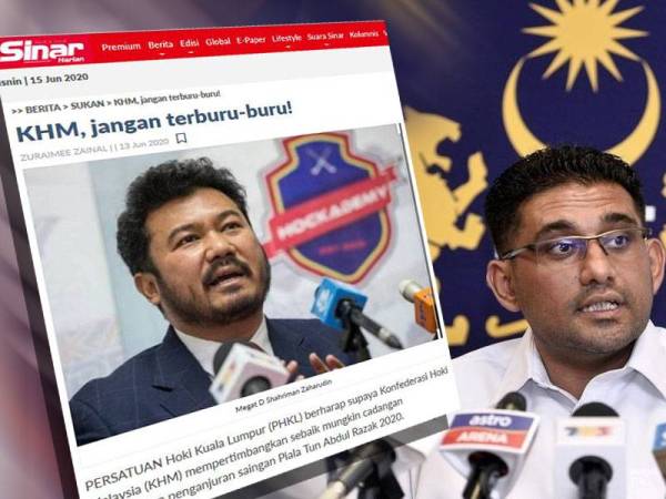 Laporan Sinar Harian berhubung saranan Persatuan Hoki Kuala Lumpur yang mahu KHM mempertimbangkan semula cadangan meneruskan penganjuran saingan Piala Tun Abdul Razak. Gambar kanan: Anil Jeet Singh