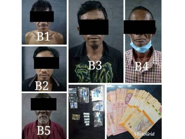 Lima lelaki ditahan ketika leka membungkus dadah di Kampung Bohor Tempoyak, di sini, pada Sabtu lepas.