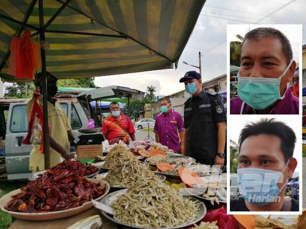 Pemantauan dan pemeriksaan pematuhan SOP dilakukan oleh Majlis Bandaraya Ipoh (MBI) di Pasar Malam Taman Tasek Damai, hari ini. (Atas: Jaafar Uthman, Bawah: Mohammad Azmizan Amin)