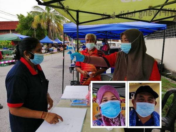 Pendaftaran dan pemeriksaan suhu yang diwajibkan ke atas setiap pengunjung pasar malam. (Chalida Bunga Din, Syed Redzwan Syed Abdul Rais)