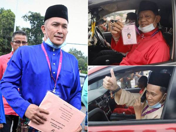 Calon Pilihan Raya Kecil (PRK) Dewan Undangan Negeri (DUN) Chini Mohd Sharim Md Zain (BN), Tengku Datuk Zainul Hisham Tengku Hisham Tengku Hussin (Bebas) dan Mohd Shukri Mohd Ramli (Bebas) ketika tiba di pusat penamaan calon di Institut Kemahiran Belia Negara di sini hari ini.