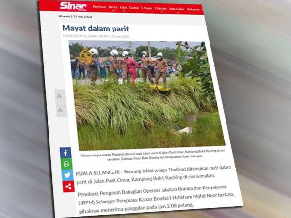 Terdahulu, Sinar Harian melaporkan seorang lelaki warga Thailand ditemui mati dalam parit di Jalan Parit Omar, Kampung Bukit Kuching di sini semalam.