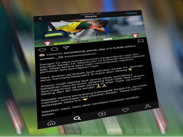 Azmeer mengumumkan pengundurannya daripada skuad Lang Merah menerusi laman media sosial Instagram peribadinya malam ini.