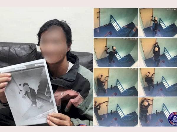 Suspek menunjukkan gambarnya yang dirakam sebuah CCTV.(Kanan: Rakaman sebuah CCTV menunjukkan kegiatan pecah rumah di sekitar Larkin, Johor Bahru.)