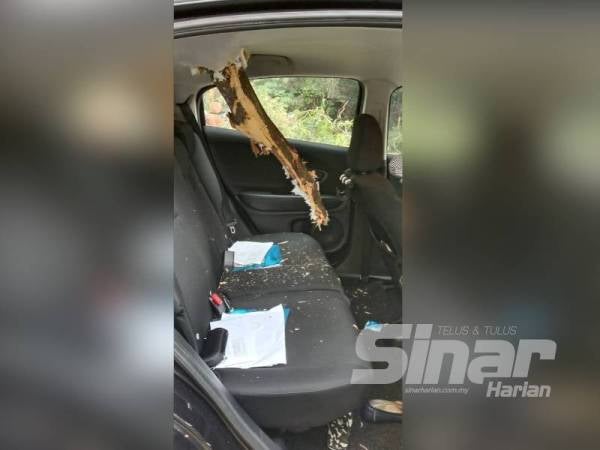 Honda HRV rosak di bahagian bumbung selepas tertusuk dahan patah.