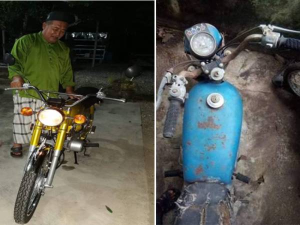 Yahaya tersenyum sebaik melihat motosikal Yamaha YB100 kesayangannya telah dibaiki dan berwajah baru setelah 25 tahun rosak.