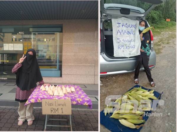 Nurul Shahzamul menjual nasi lemak RM1 di hadapan Maybank di Rawang. (Kanan:Nuruk Munirah turut membantu kakak iparnya berniaga.)