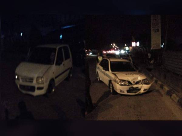 Kereta peronda polis remuk selepas dirempuh kereta suspek dalam kejadian di kawasan Bukit Tengah malam tadi.