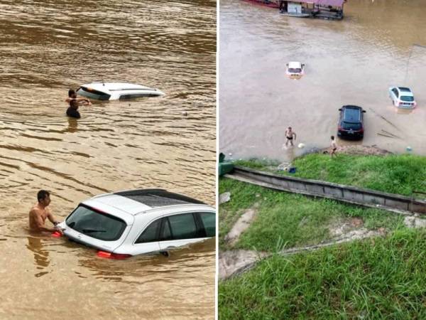 Operasi menarik dan menyelamatkan kenderaan yang ditenggelami air akibat insiden kepala air di Kuala Tahan. - Foto pembaca