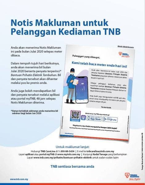 TNB mengumumkan setiap pengguna akan menerima satu Notis Makluman mengenai BPE pada bulan Julai 2020 selepas meter dibaca.