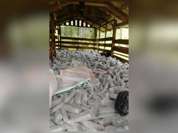 Longgokan plastik lut sinar berisi daun ketum yang ditemui dalam kandang kambing.