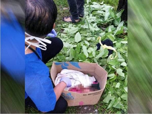 Bayi yang ditemui orang awam di dalam kotak air mineral di persimpangan Jalan Kabus-Jalan Bintang, Kuala Ampang hari ini.